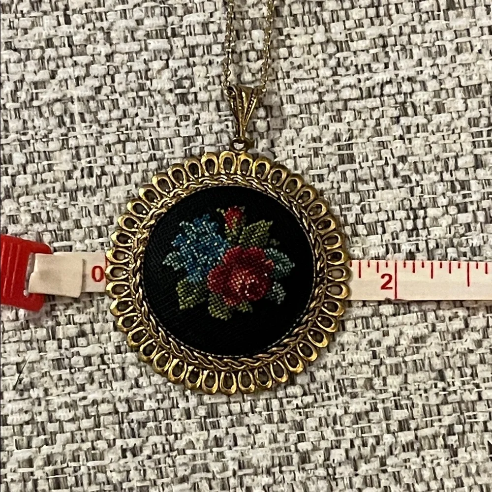Gold Tone Pendant Necklace‎ with Petit Point Embroidered Floral Design